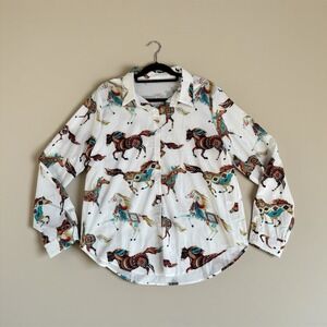 Western Horse Print Button Shirt Womens 2x Southwestern Boho Ranchcore Cowgirl